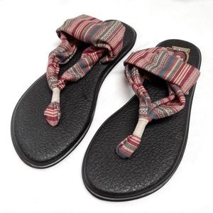 Sanuk Yoga Mat Sling Sandals Comfy Tan / Maroon Printed Size 9 Women's VGUC